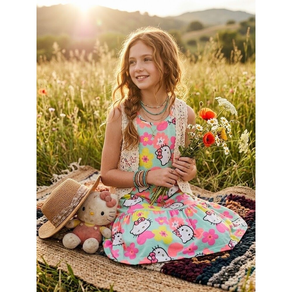 Hello Kitty Sanrio Girls Floral Drop Waist Ruffle Knit Dress Size L 10/12 Pink